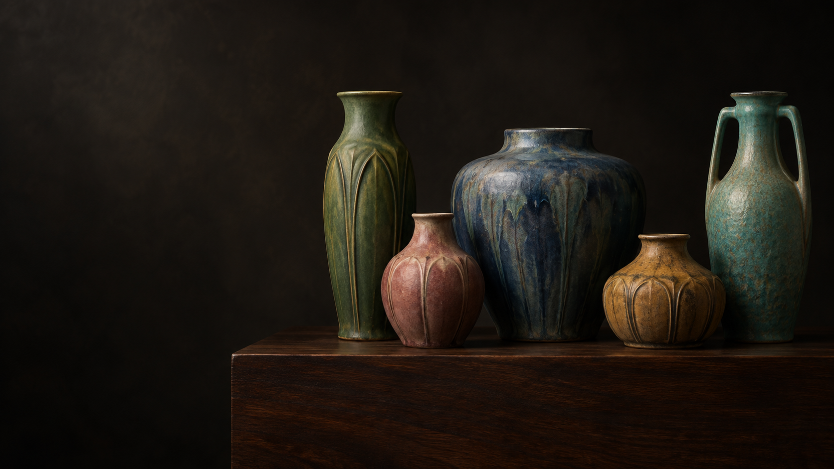 An artistic arrangement of Arts and Crafts–inspired pottery
